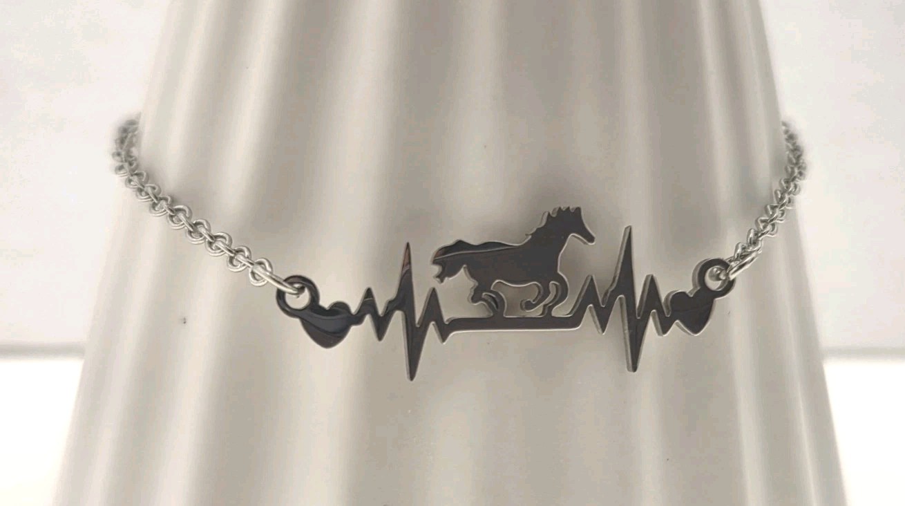 Silver Tone Stainless Steel Horse Heartbeat Charm Cable Chain Bracelet 8in