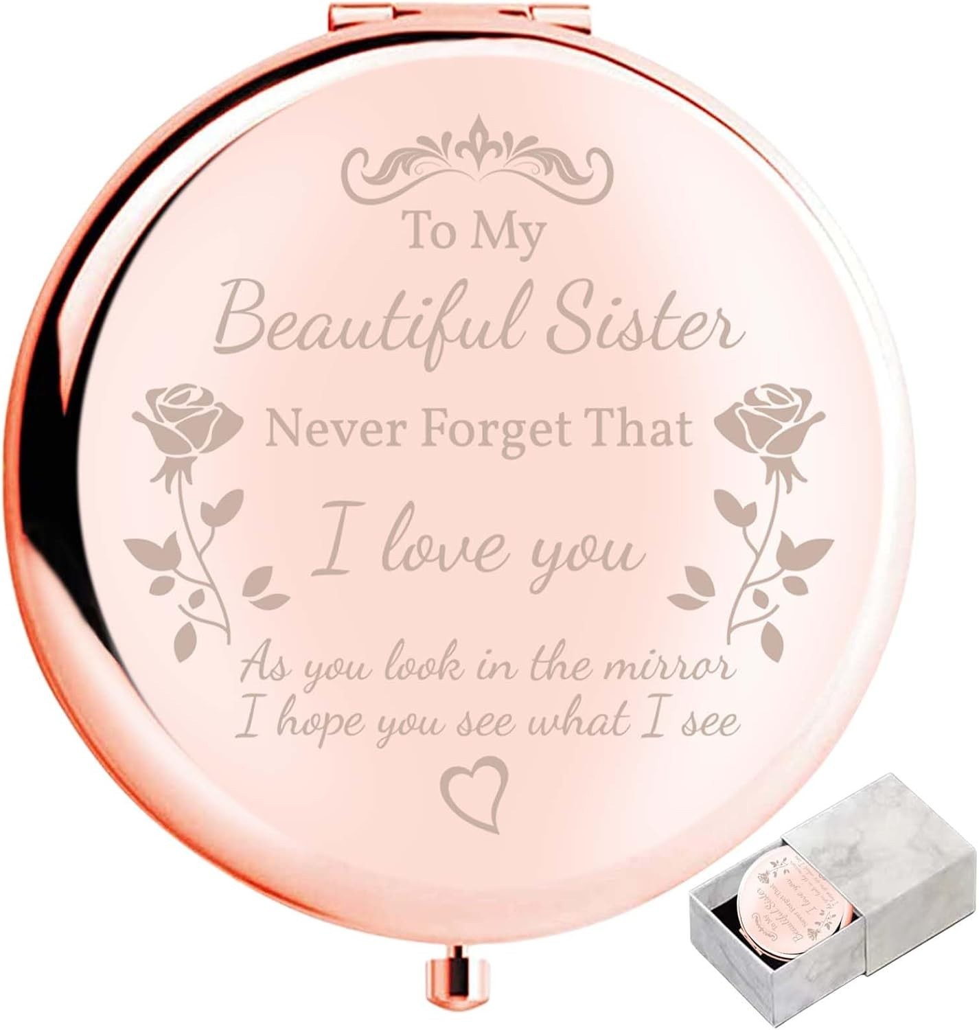 Elegant Compact Mirror to My Sister – Unique Rose Gold Gift with Love Note