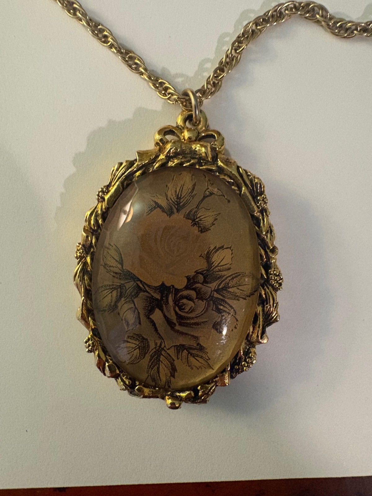 Vintage Roses Under Glass Solid Perfume Locket Necklace 1960’s – 1970’s?