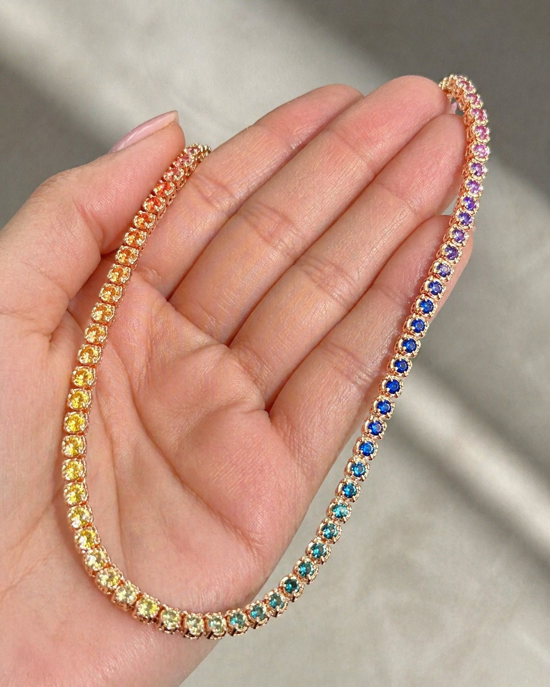14.85ct Natural Sapphire Ruby Tennis Necklace 18K Rose Gold | Multicolor Gems