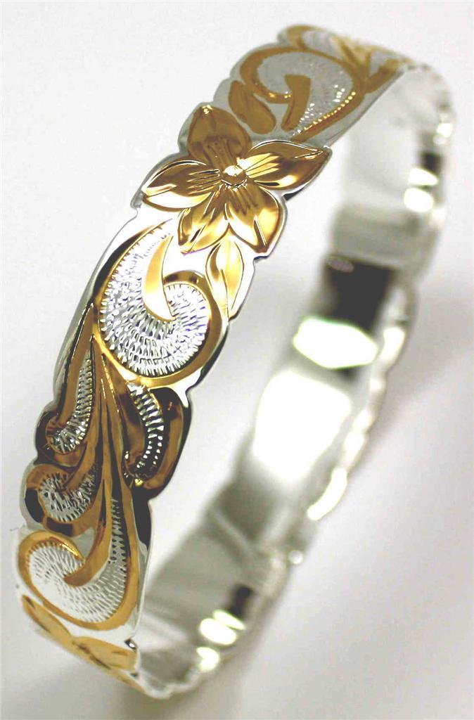 SILVER 925 HAWAIIAN BANGLE BRACELET PLUMERIA FLOWER SCROLL CUT OUT EDGE 12MM 2T