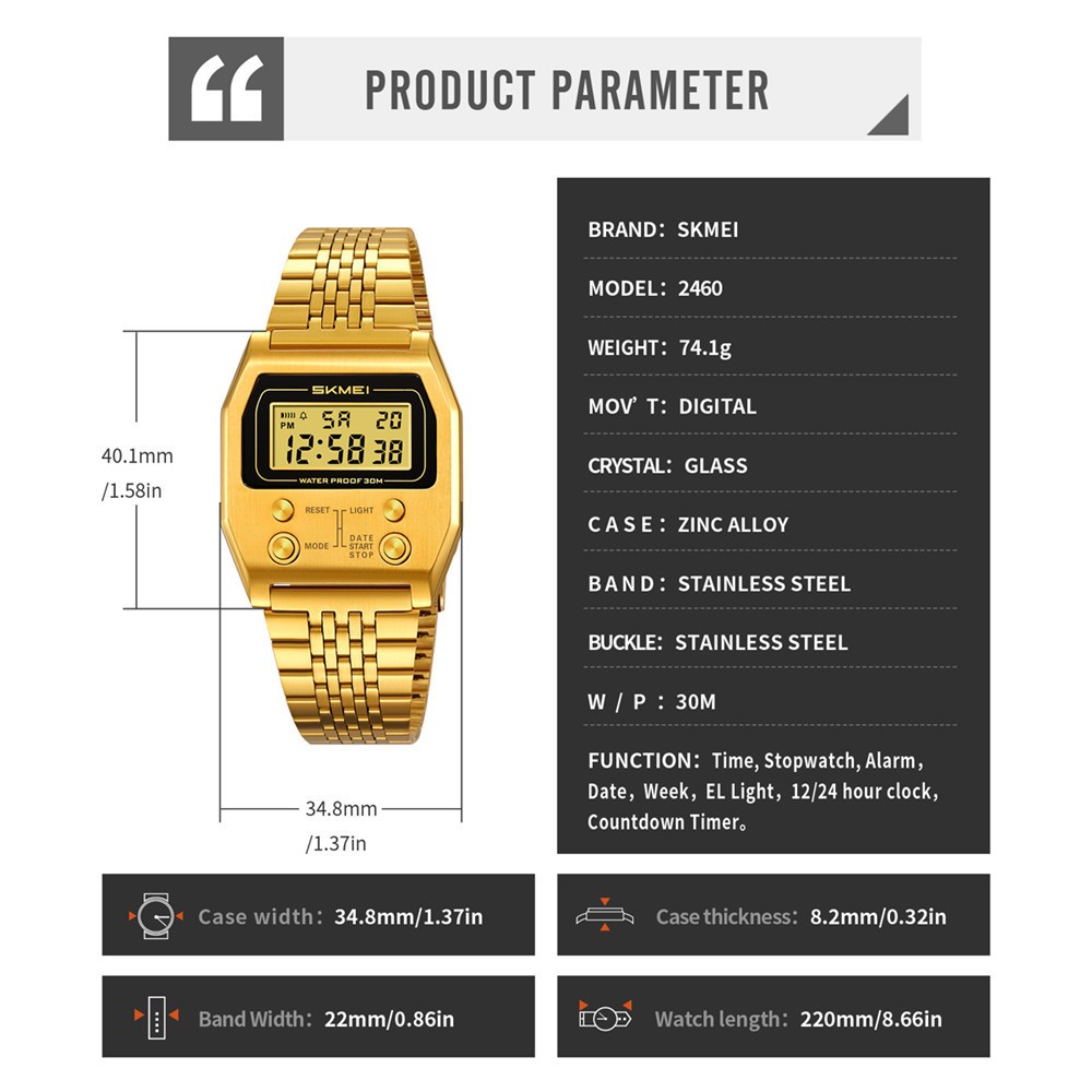 SKMEI Men Rectangle Watch Male Steel Wristwatch Boys Digital LED Display Watches