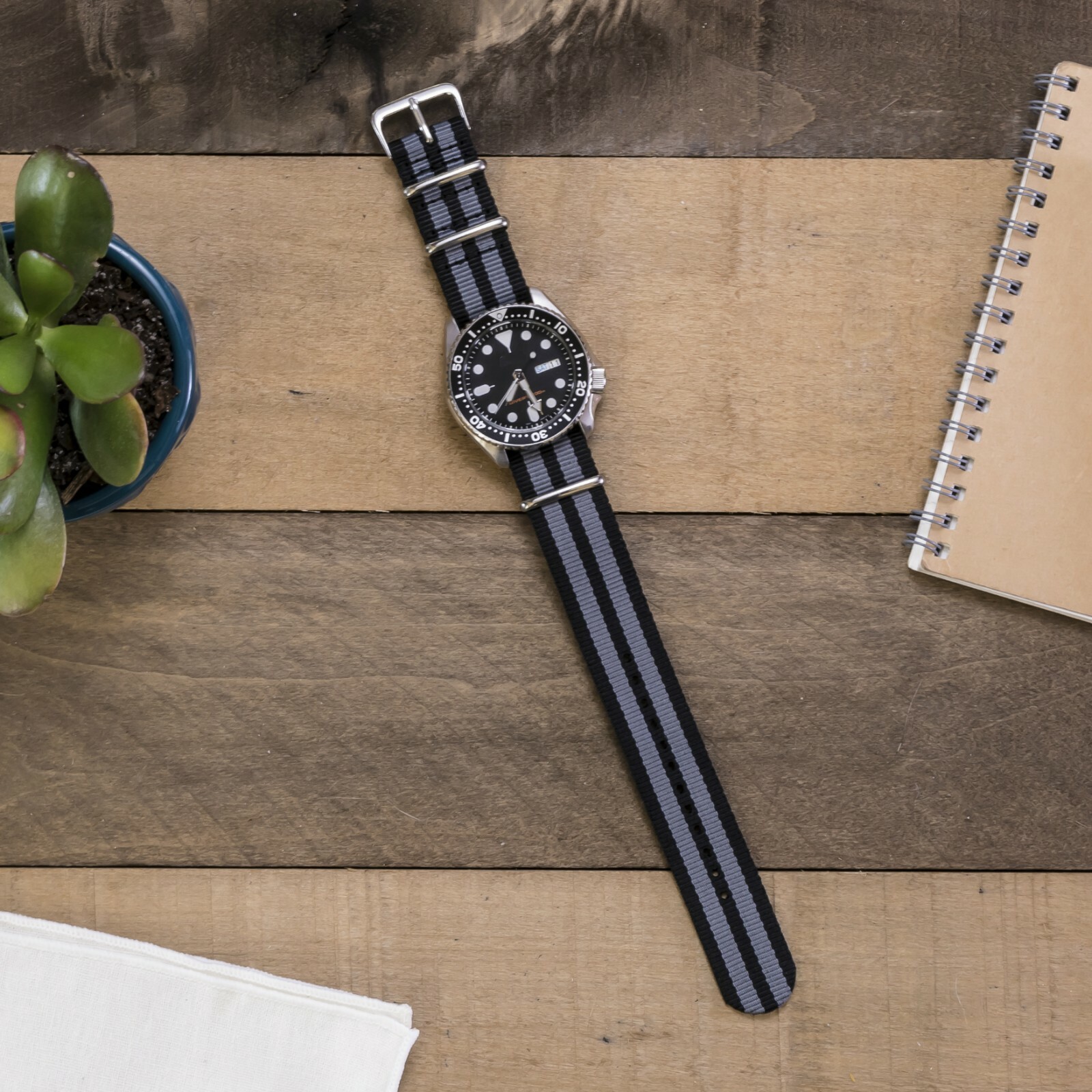 Black / Grey Striped Ballistic Nylon One-Piece Watch Band – 18, 20, 22 or 24mm
