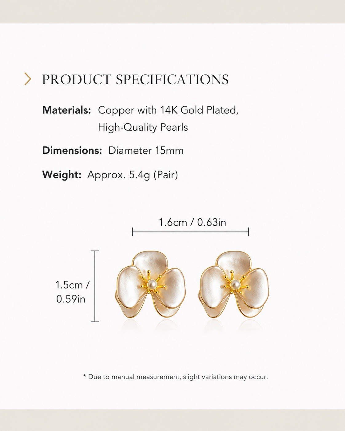 14K Gold Plated Flower Pearl Stud Earrings Copper 15mm Butterfly Back