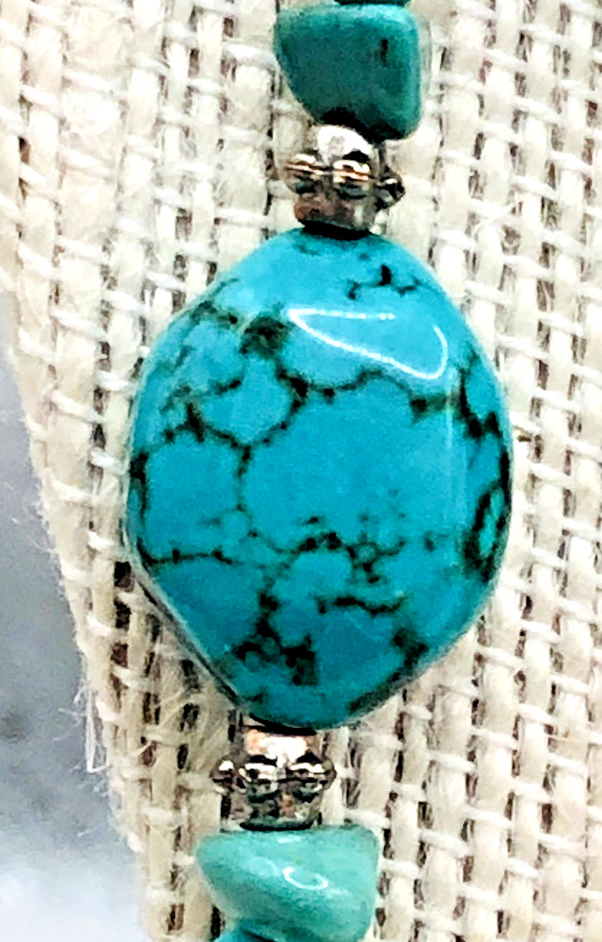 Vtg 58 Inch Beaded Tassel Lariat Necklace Sterling, Turquoise , Chrysoprase etc.