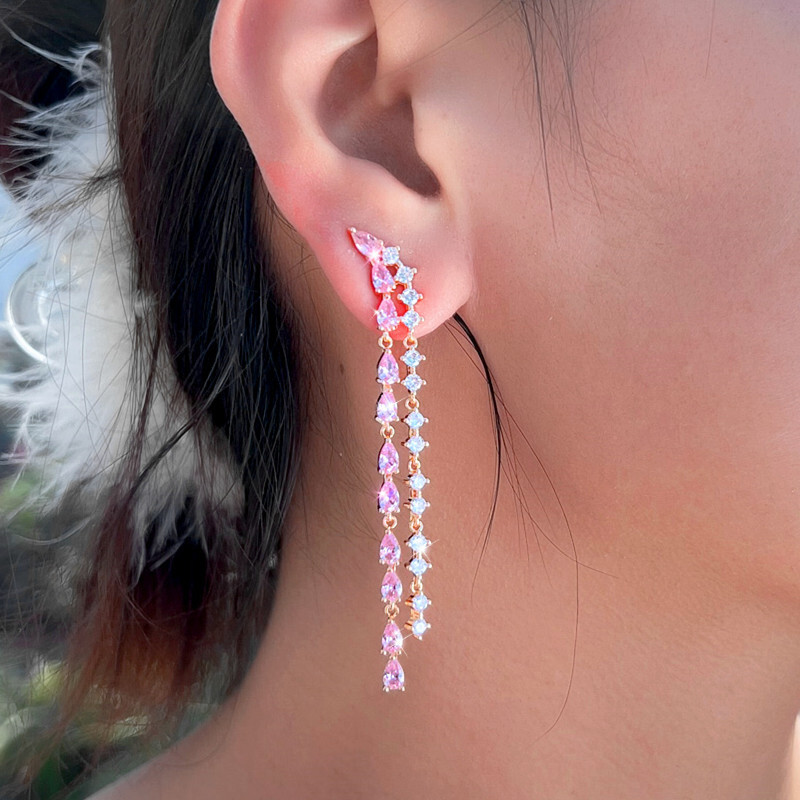 Fresh and sweet fairy style pink diamond tassel earrings with zircon earrings