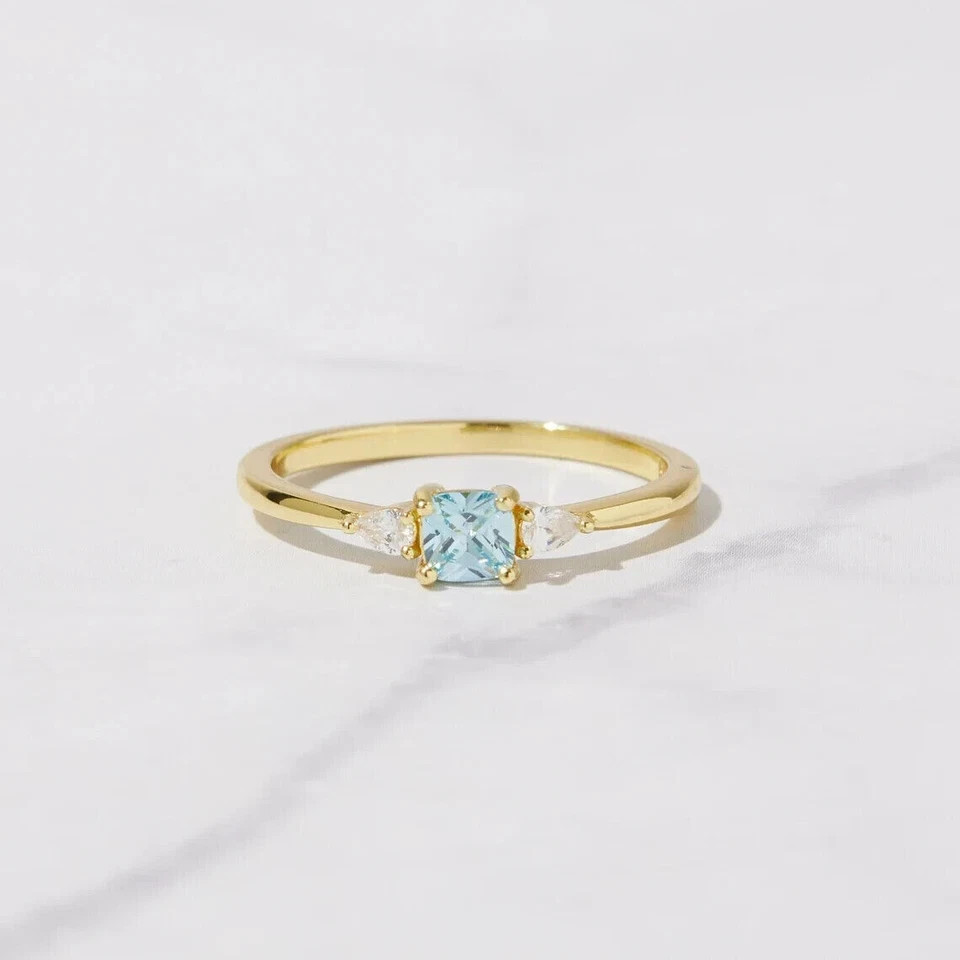 1.50Ct Cushion Cut Simulated Aquamarine Engagement Ring 14k Yellow Gold Plated