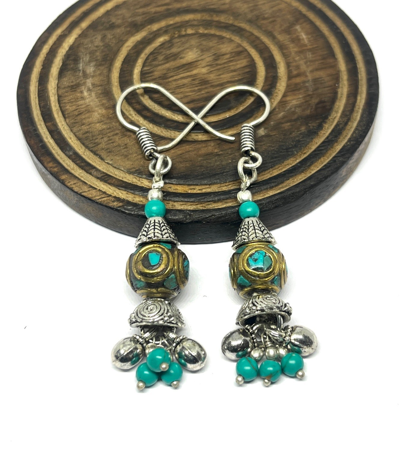 Green Turquoise Gemstone Tibetan Traditional Boho Earring Jewelry, 1.8 Inch