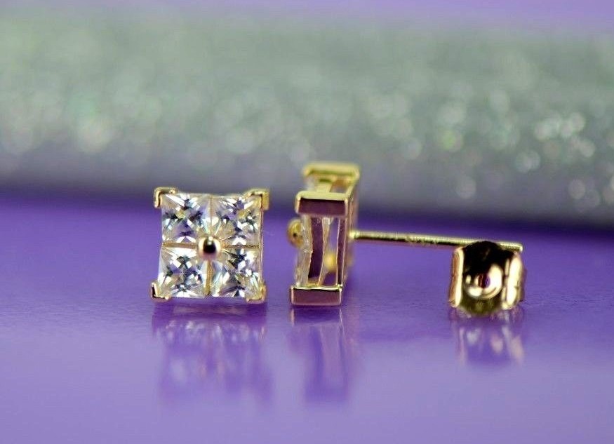 14K Yellow or White Gold Fancy Square CZ Stud Earrings