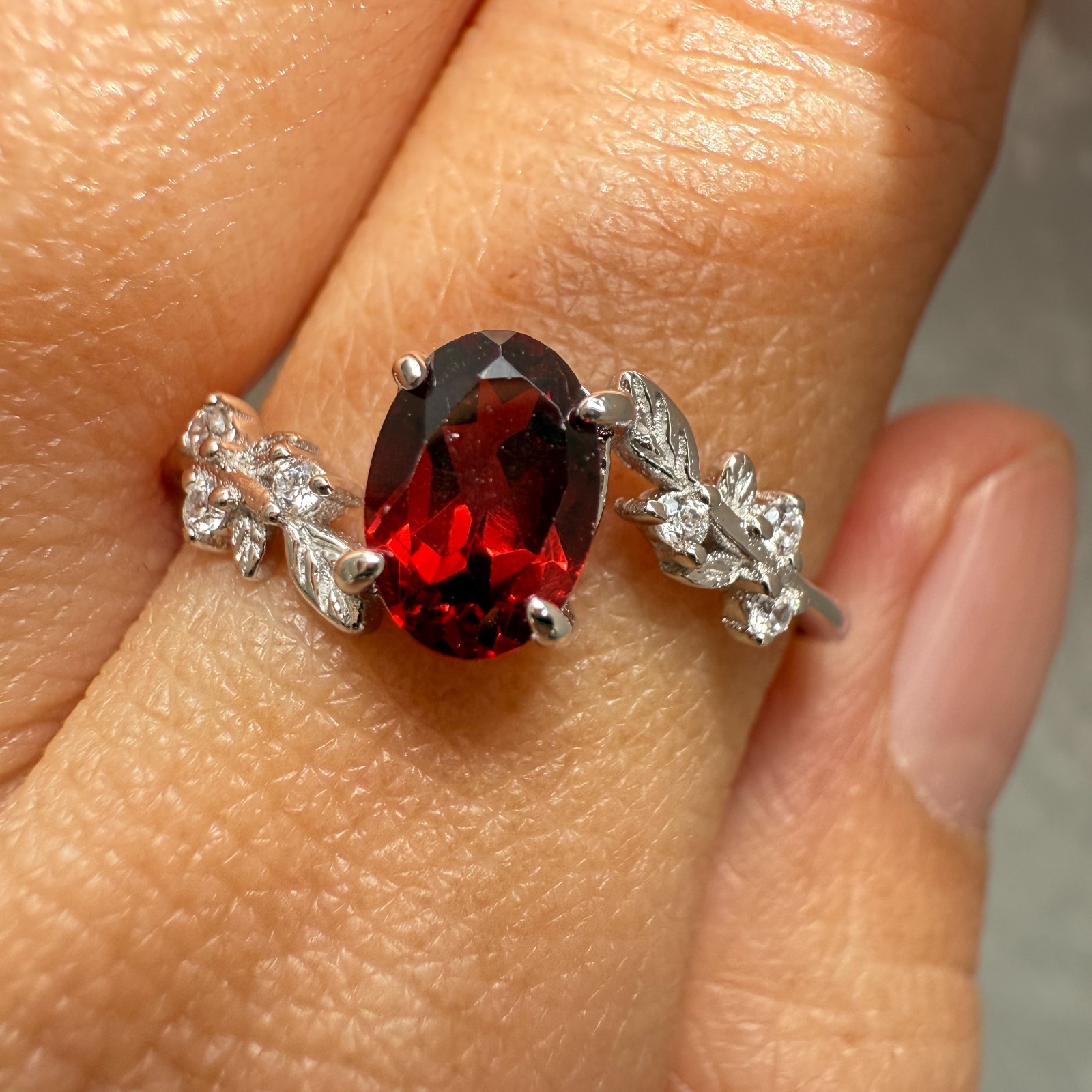 925 Sterling Silver Ring 7x5mm Natural Rhodolite Garnet Gemstone Zircon Flower