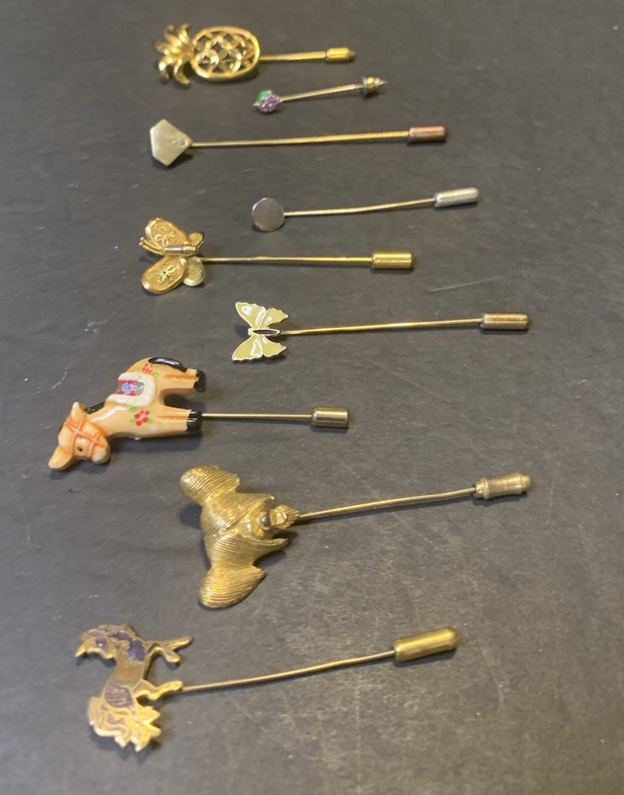 Lot of 9 Vintage Animal & Fruit & Shape Gold & Silver Tone Stick Hat/ Lapel Pins