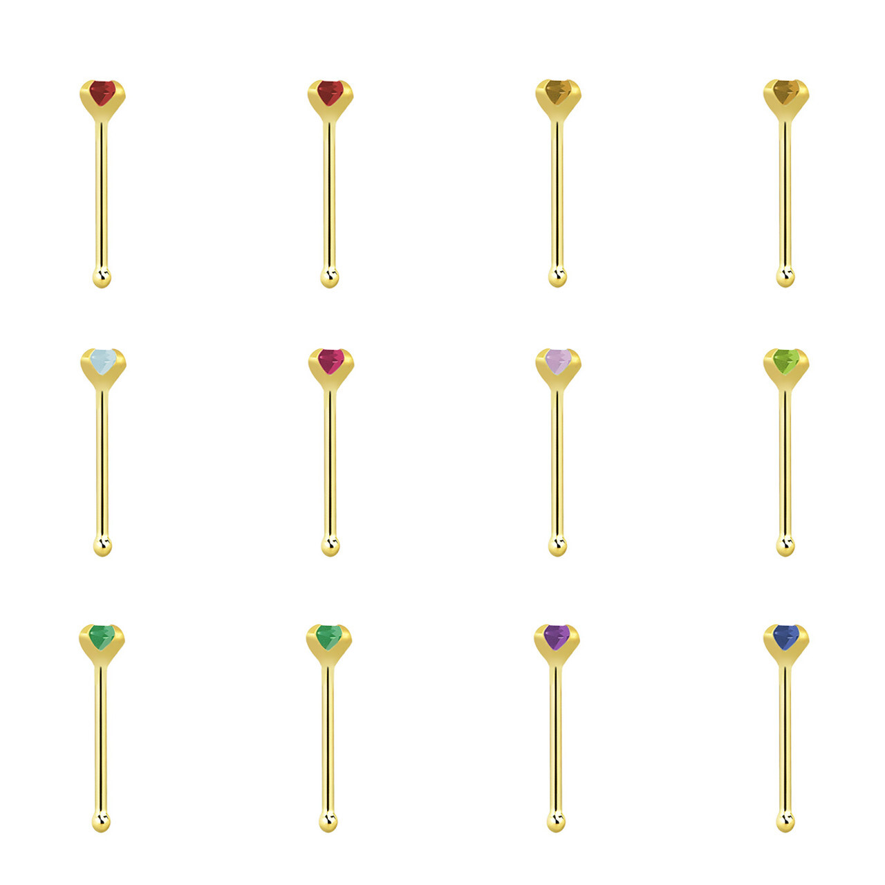 14K Solid Gold 22G Prong Set Top 2mm Precious Gems Nose Bone Ring Stud 6mm