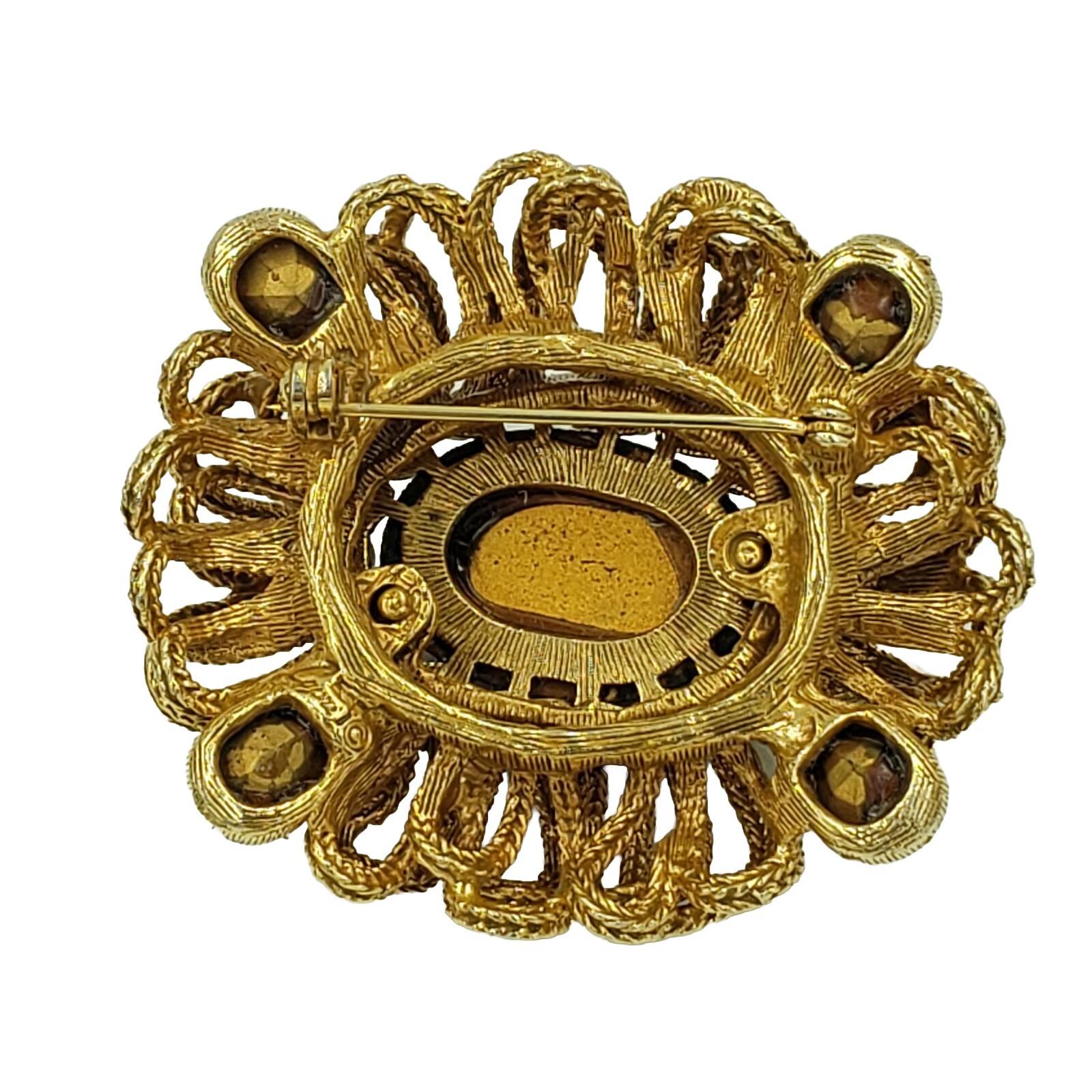 CAPRI Brooch Amber Cabochon Rhinestone Gold Tone Loop Signed Vintage