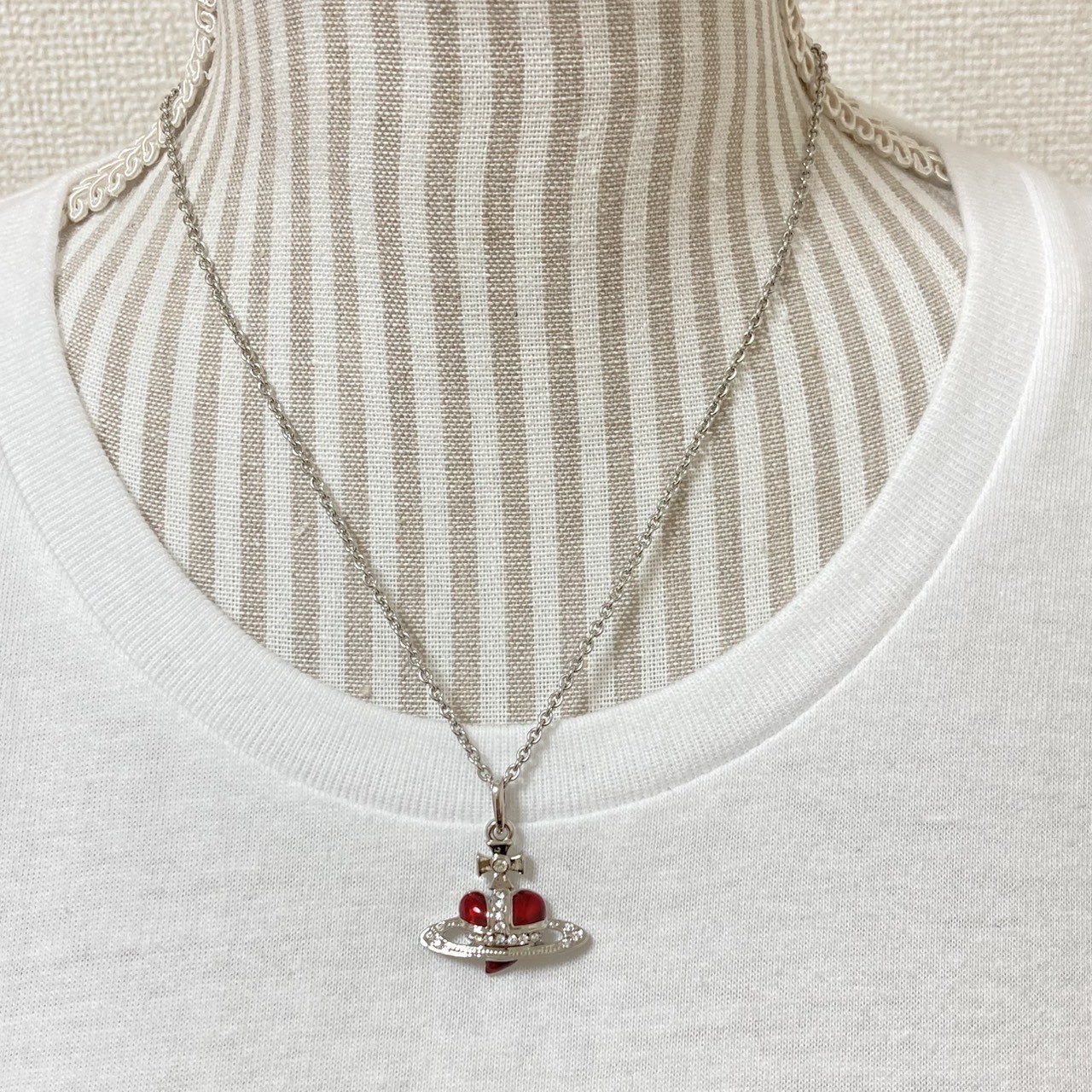 Vivienne Westwood Necklace Diamante Heart Silver Red TOP 2.5cm w/Pouch NO BOX