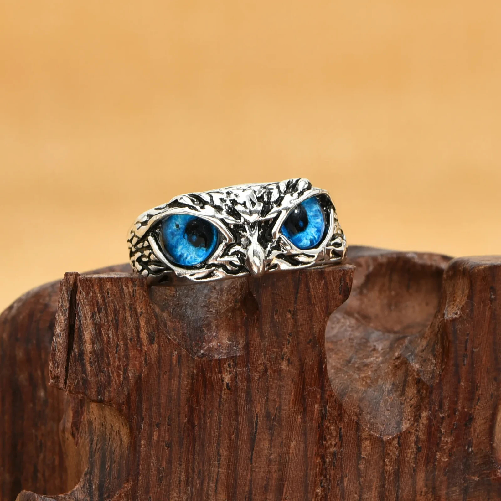 Cute Owl Blue Eye Silver Ring, Adjustable Size, Bird, Fun