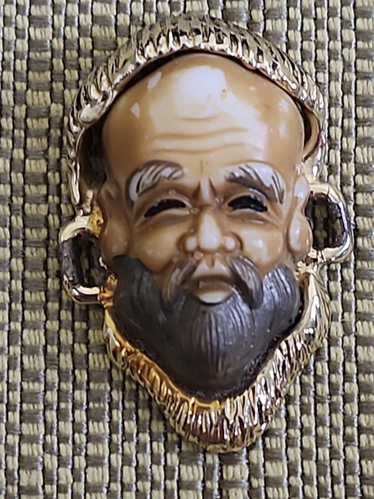 Vintage Resin 1 of 7 Japanese God Face Bracelet Link on Gold Tone Metal Base