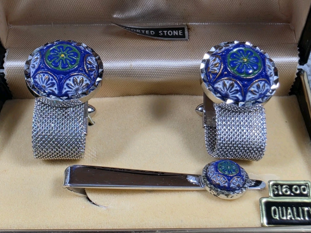 Vintage NOS LaMode Blue Imported Stone Silvertone Cufflinks & Tie Bar Set