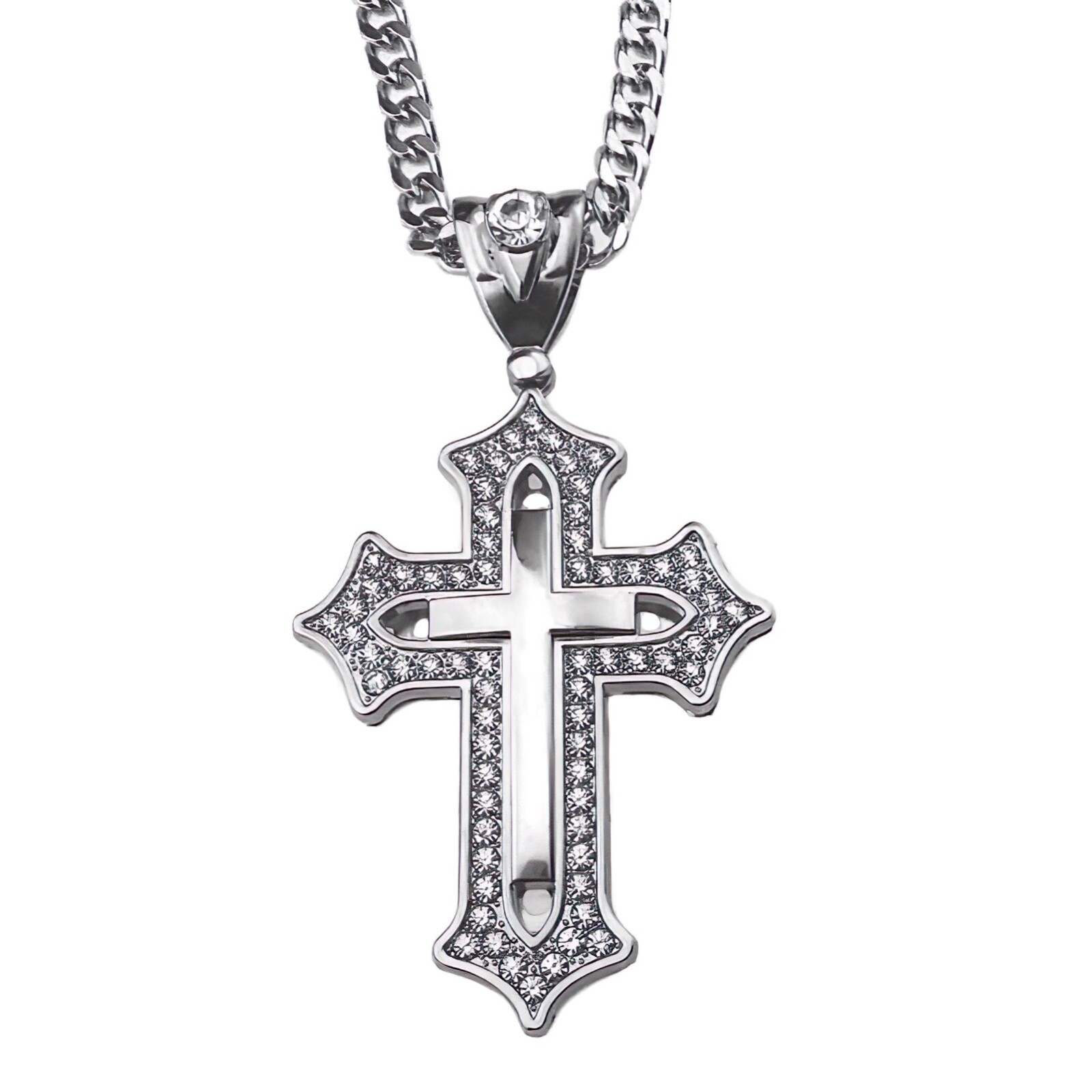 Huge Open Cross Iced Flooded Out CZ Silver Tone Cuban Link Hip Hop Chain 30″