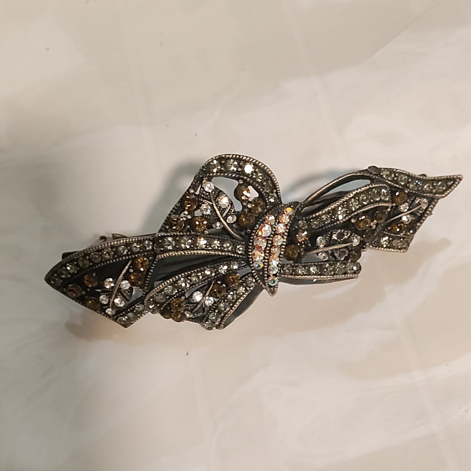 Silver Tone Bow Brooch Pin w/ Clear Rhinestone Accents, Metal Costume Jewelry