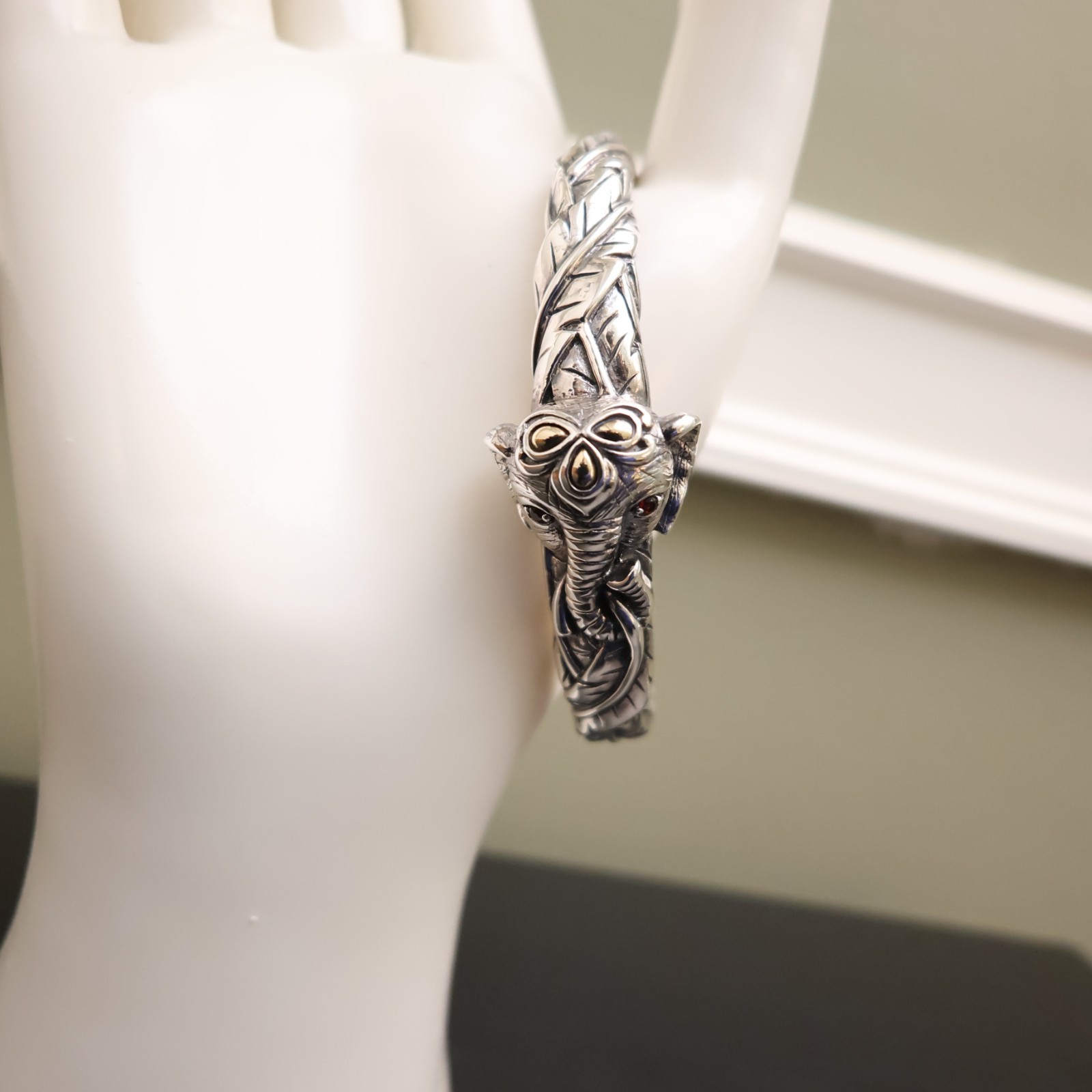 Jai bracelet elephant 925 sterling silver 14K gold hinged cuff garnets Sz 6.75in