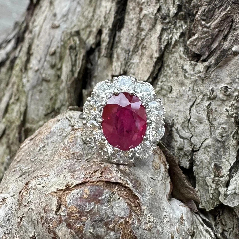 Natural Red Ruby & Diamond Wedding Ring 14K White Gold Oval Cut 6.45 Cts Size 7