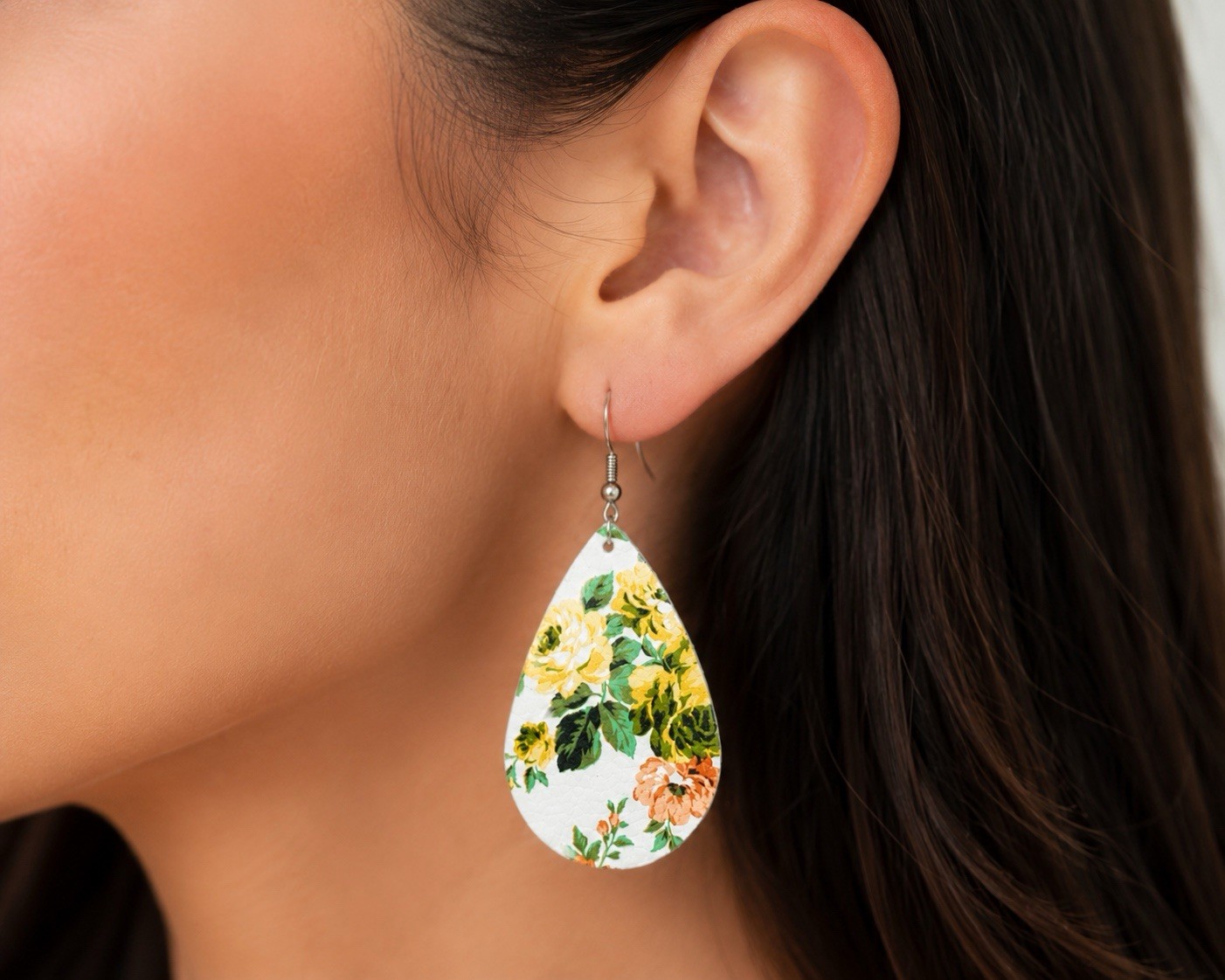 Floral Teardrop Faux Leather Earrings Yellow Rose Print Gift Box Included