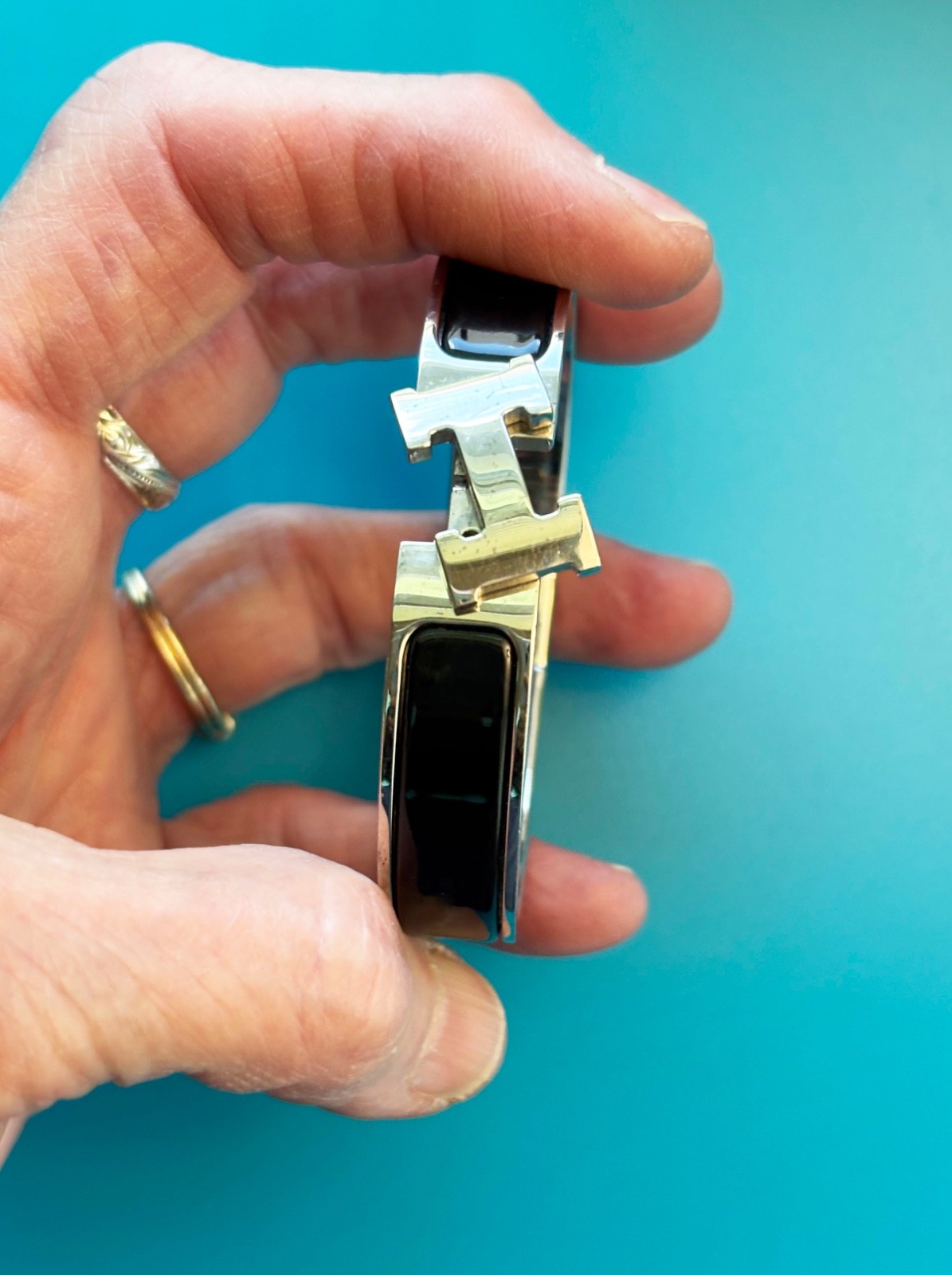 Hermes Clic Clac H Bracelet Black Enamel Palladium, Wide, PM Small + Box