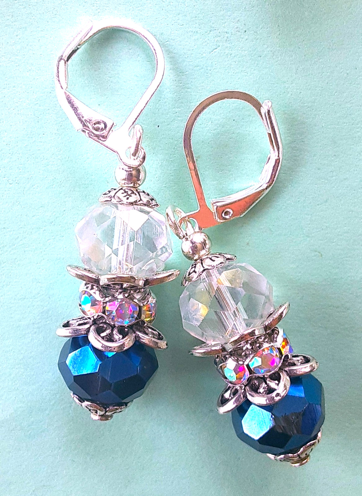 NAVY & CLEAR Faceted CRYSTALS AB CRYSTAL RING earring SP LEVERBACK artisan #N25