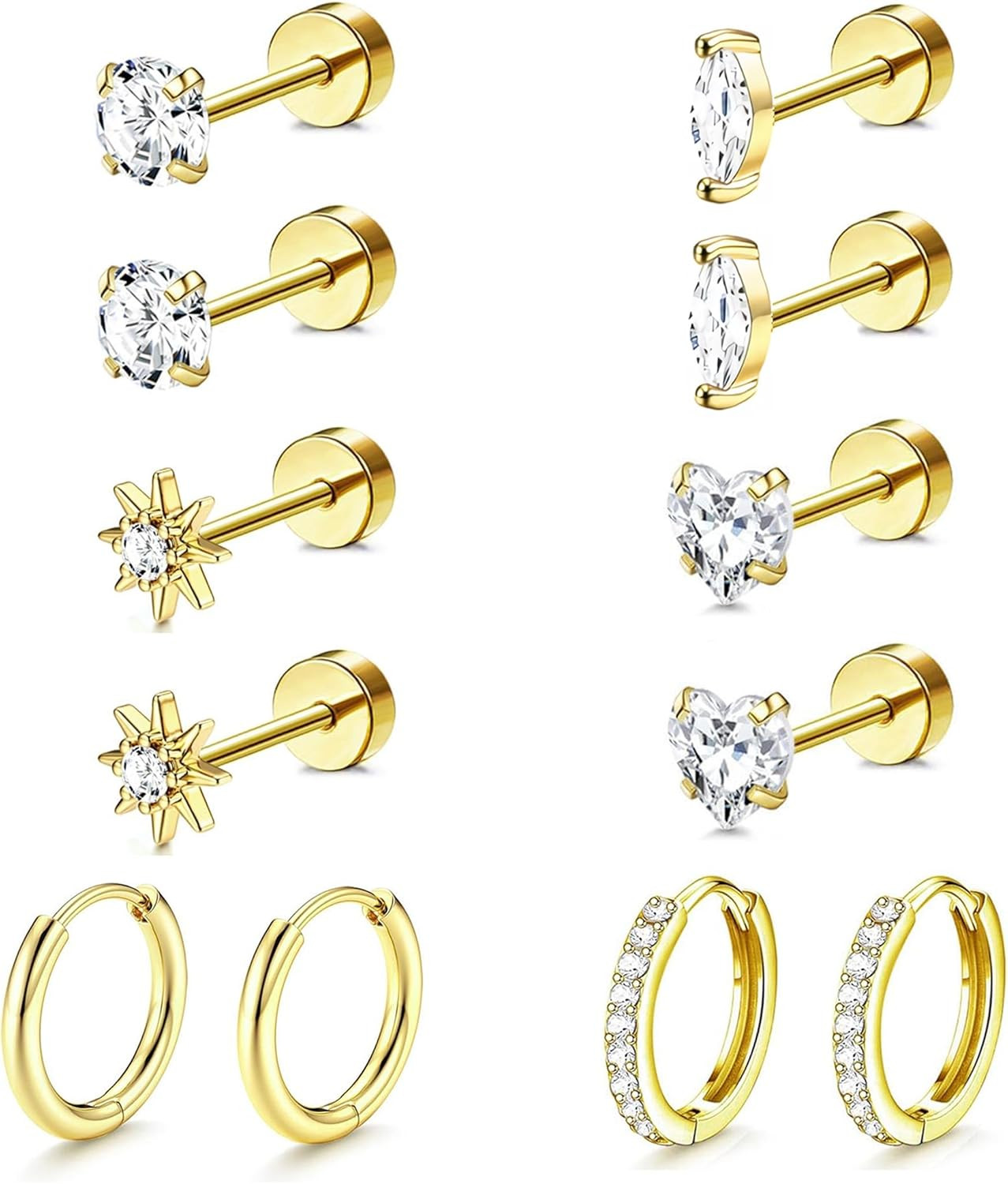 Hypoallergenic Flat Back Earrings for Women Silver 14K Gold Plated Surgical Stai