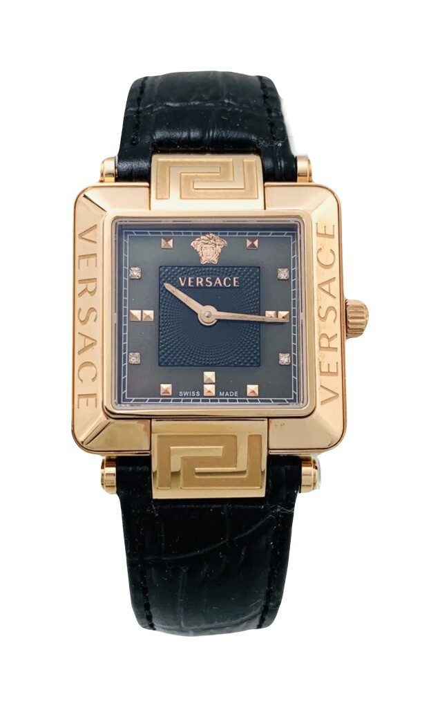 Versace Women’s 88Q80SD008S009 Rêve Carré Diamonds Black Leather Strap Watch 88Q