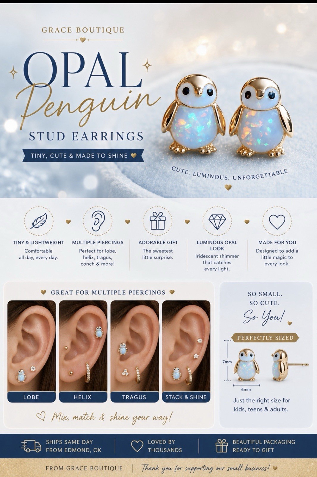 Grace Boutique Opal Penguin Stud Earrings Gold Tone Crystal Butterfly Back