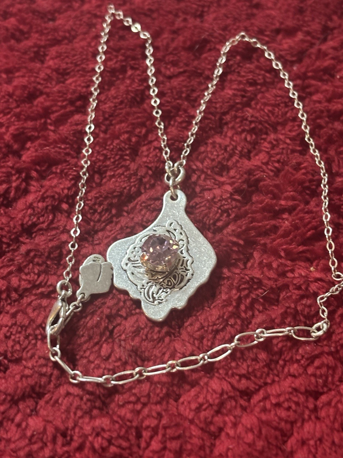Pilgrim Danish Design Silver Tone Pendant Charm Necklace Mauve Crystal Signed