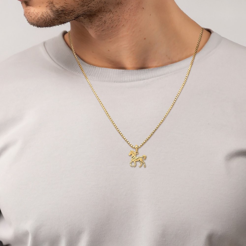 14K Solid Yellow Gold Medium Horse Pendant Necklace 22.5mm 7/8 inch Polished