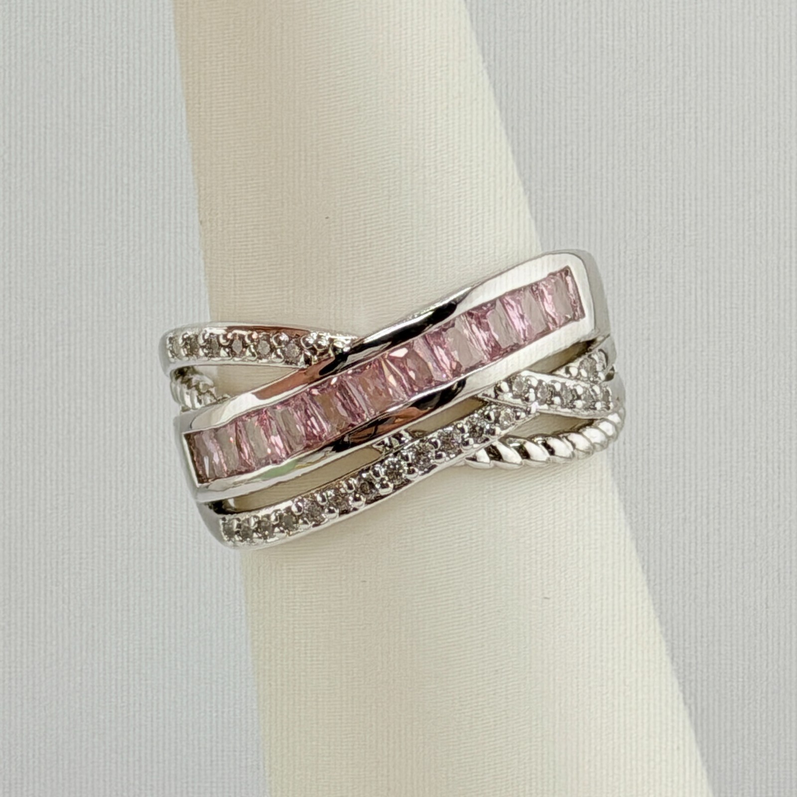 Bomb Party Ring Sz 8 “Simplicity in the Details” Rose Quartz on Rhodium RBP6384