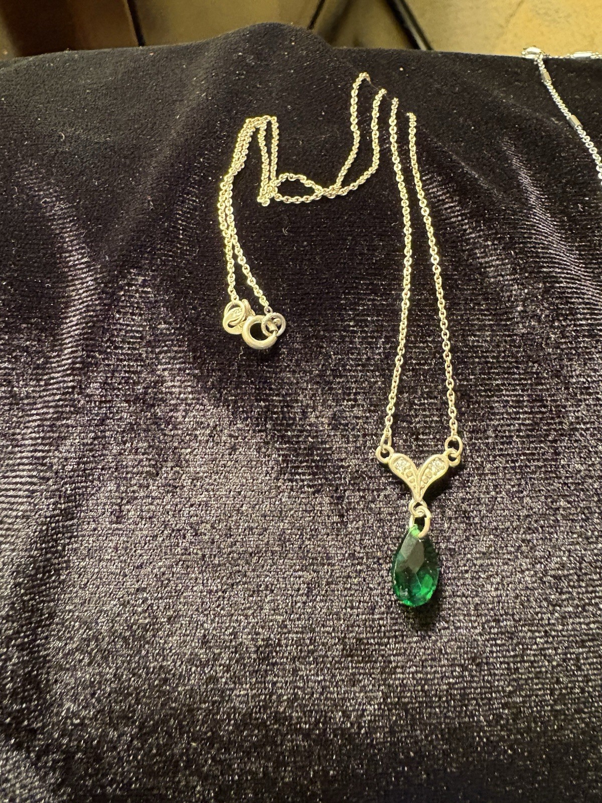 Sterling Silver Necklace Features A Pear Shaped Green Briolette Pendent 20 Inch