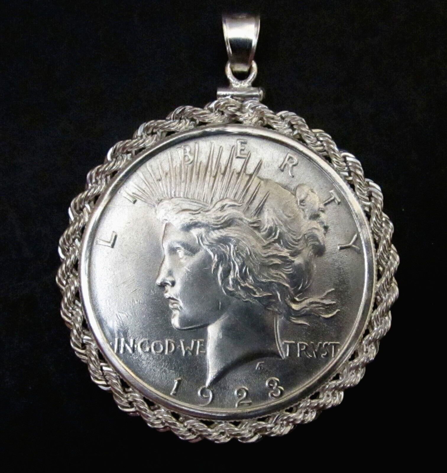 Peace Dollar Pendant 90% Silver AU Coin Sterling Silver Rope Bezel Soldered Bail