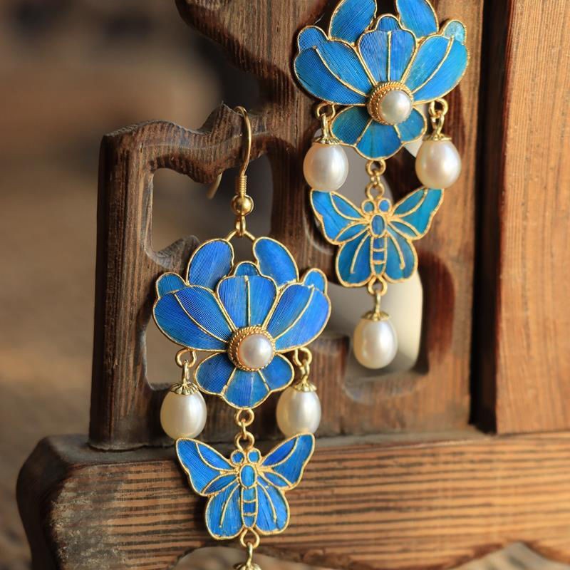 Cloisonne Drop Earrings Gold Plated Long Hook Hanfu Chinese Style Women