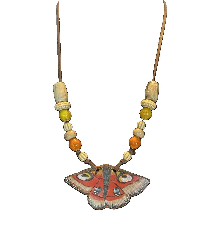 Hand Painted Butterfly Necklace Ceramic Beads & Leather Handcrafted Boho Artsy