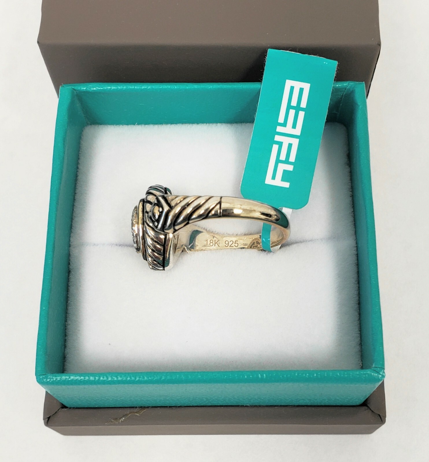 Effy Sterling Silver & 18K Yellow Gold Pave Teardrop Diamond Ring Size 7