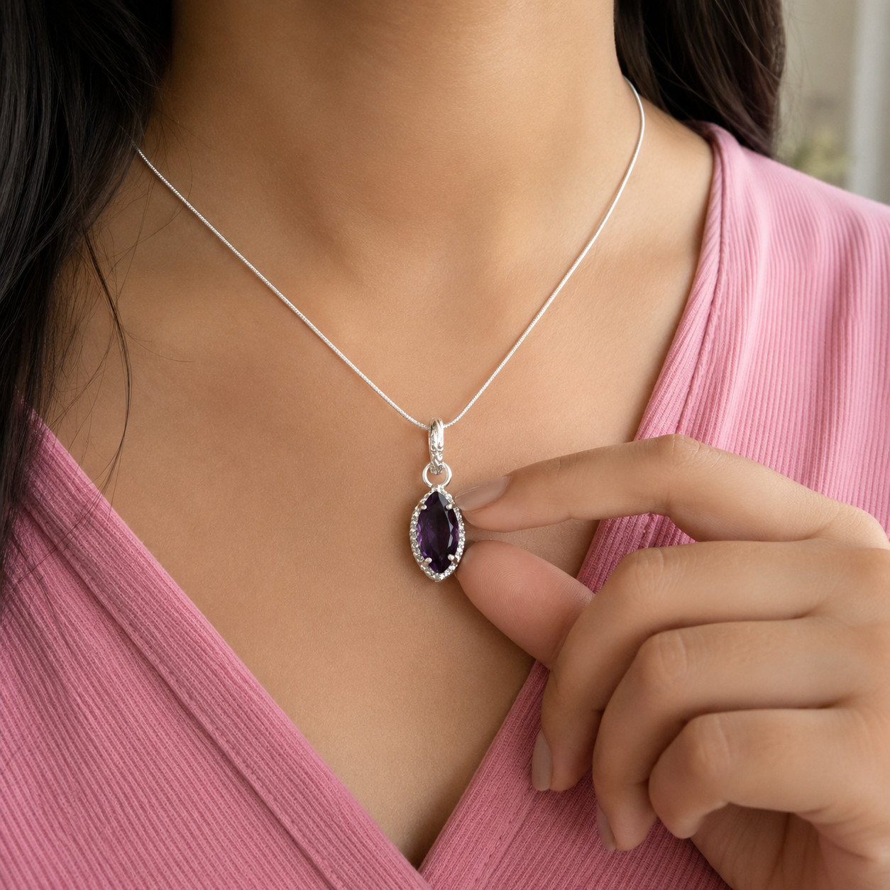 Amethyst Gemstone Jewelry 925 Silver Minimalist Artisan Pendant 1.2″ For Women