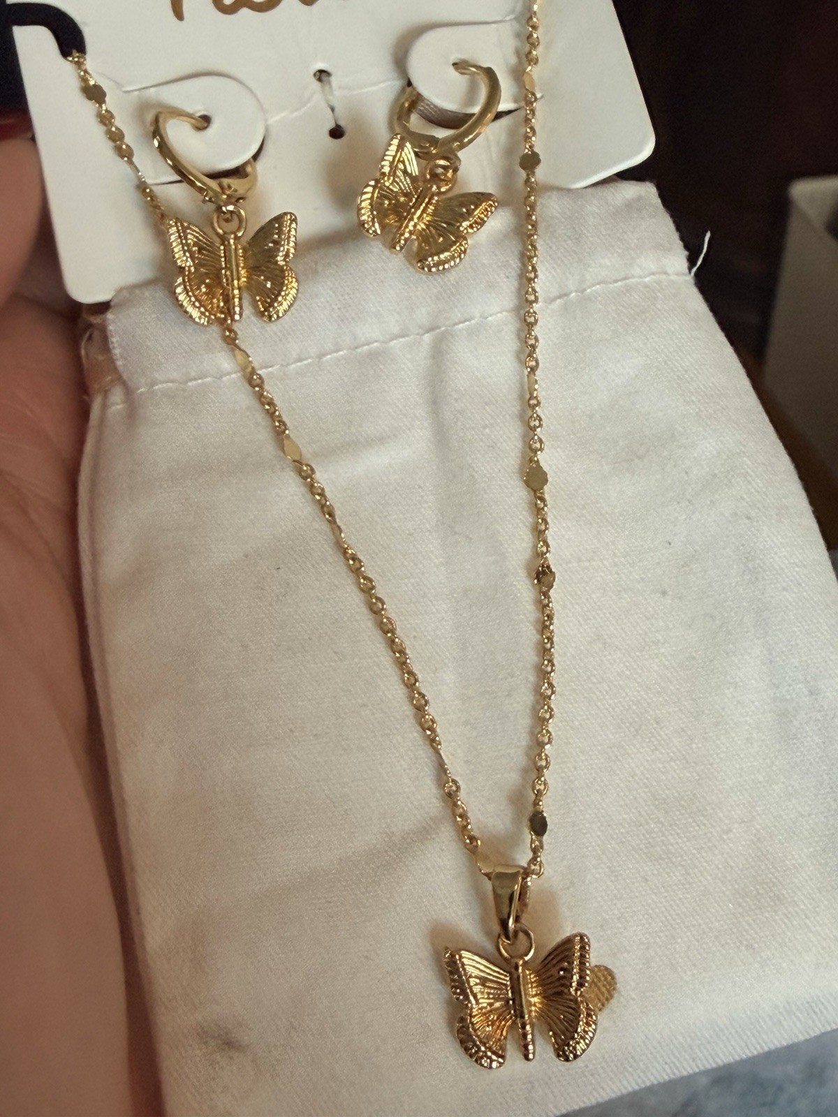 I Am 14k Gold Plated Butterfly Necklace and Earrings Set for Women Girls 18 Inch