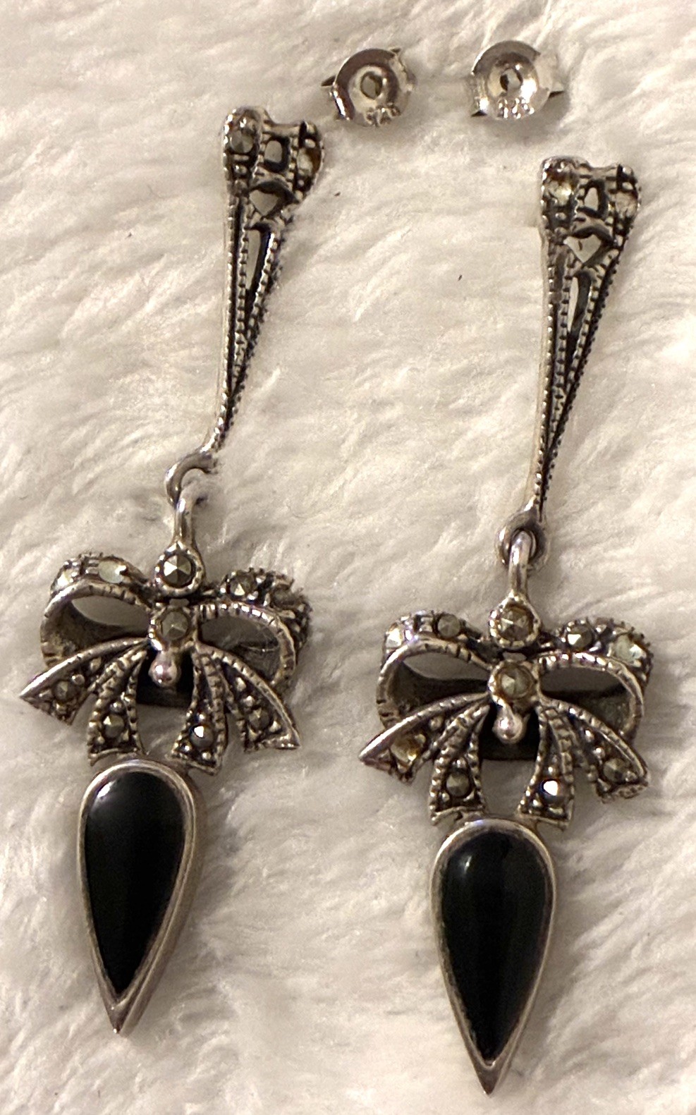 Vtg 925 Silver Marcasite Black Onyx Bow Dangle Drop Earrings Art Deco Revival