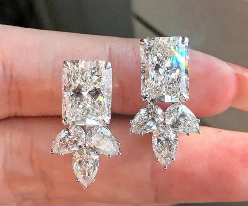 Radiant 4 CT F-VS1 Lab Grown Diamond Wedding Drop Dongle Earrings 14K White Gold