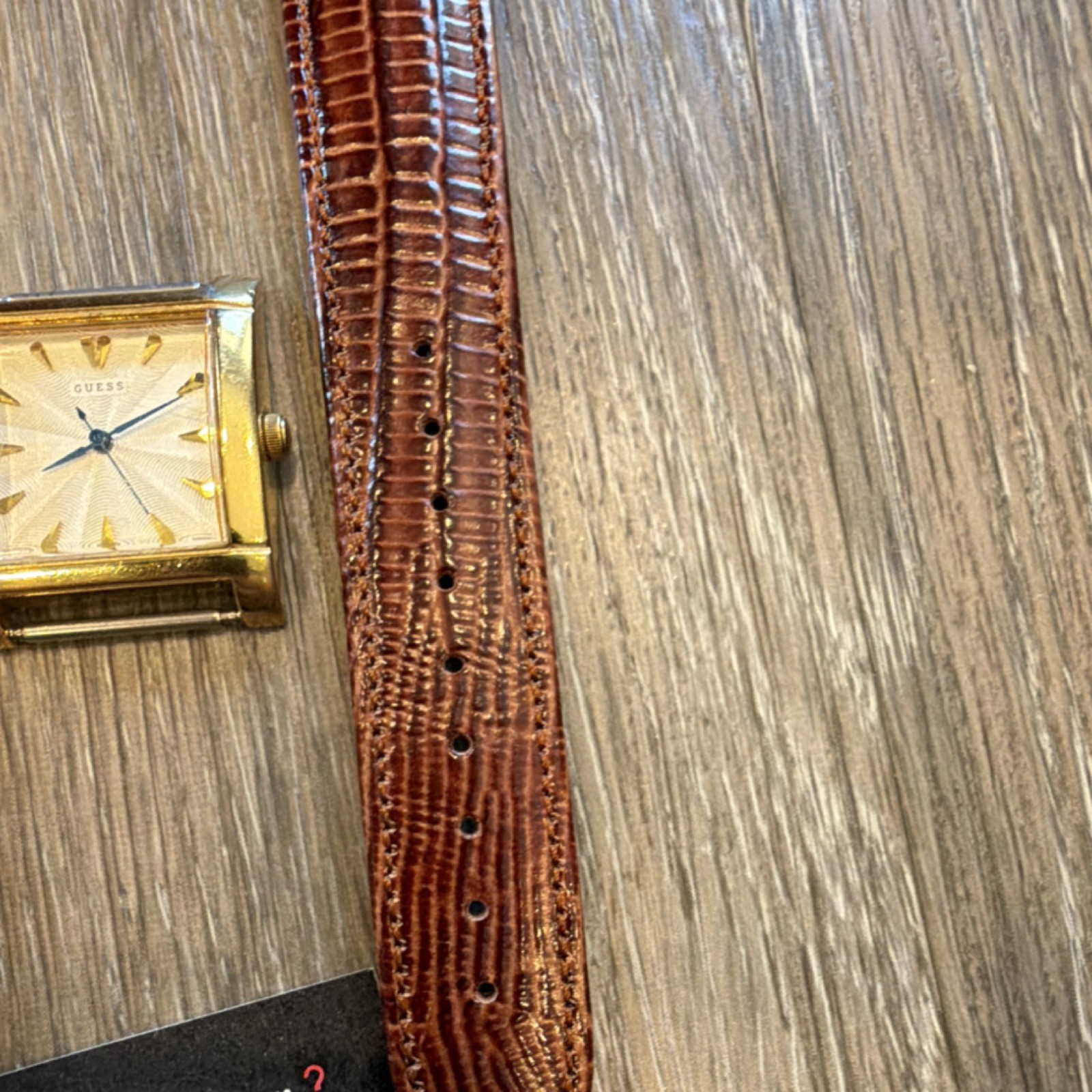 GUESS Gold Metal Wristwatch Brown Leather Strap Non-Numeric Hour Marks