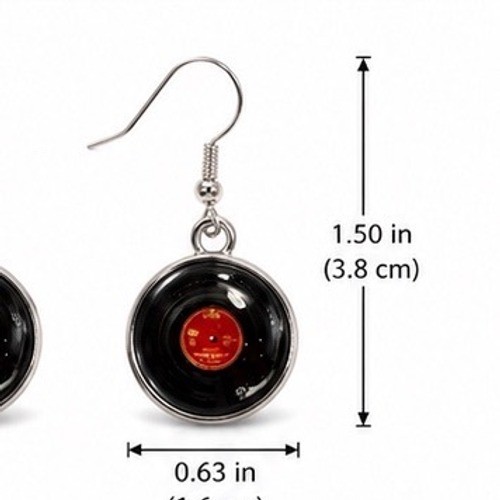 Retro Vinyl Record Dangle Earrings Black Red Music Lover Jewelry Silver Tone