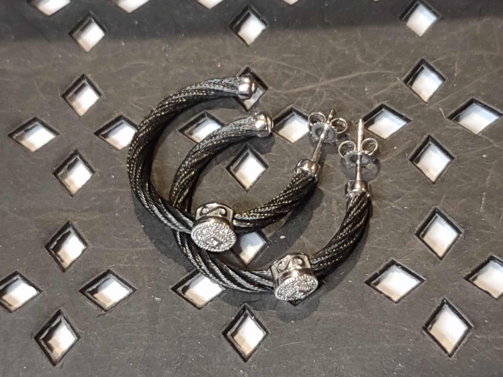 Charriol Black Steel Cable Hoop Earrings With 18Kt White Gold And Diamonds