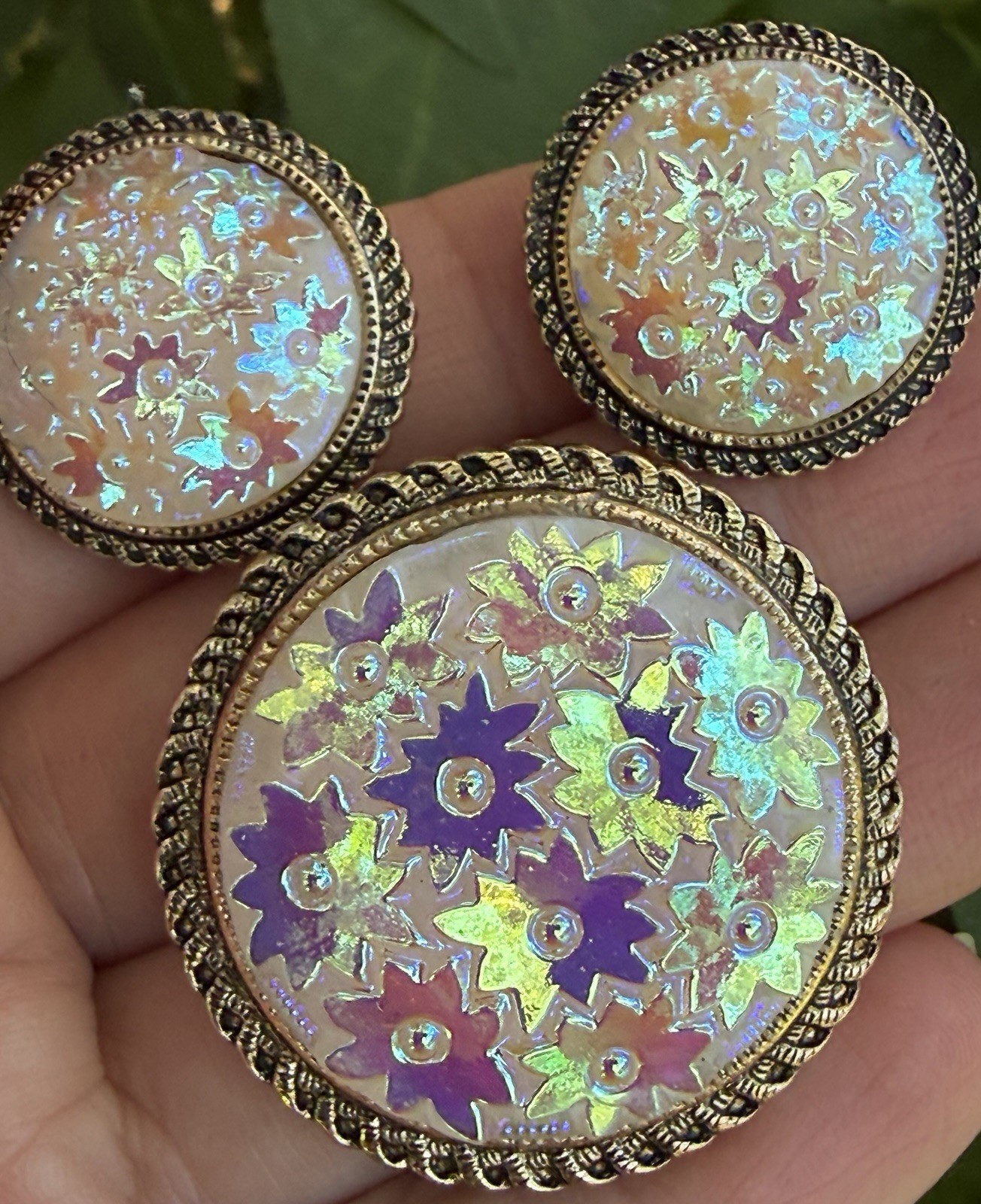 WEST GERMANY molded glass ab star clip Earrings Scarf clip vintage jewelry set