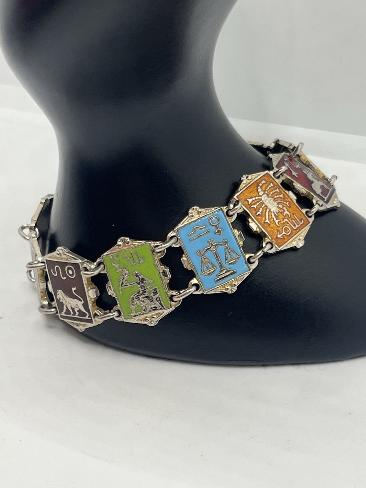 Zodiac astrology signs colorful enamel silver tone chain vintage bracelet