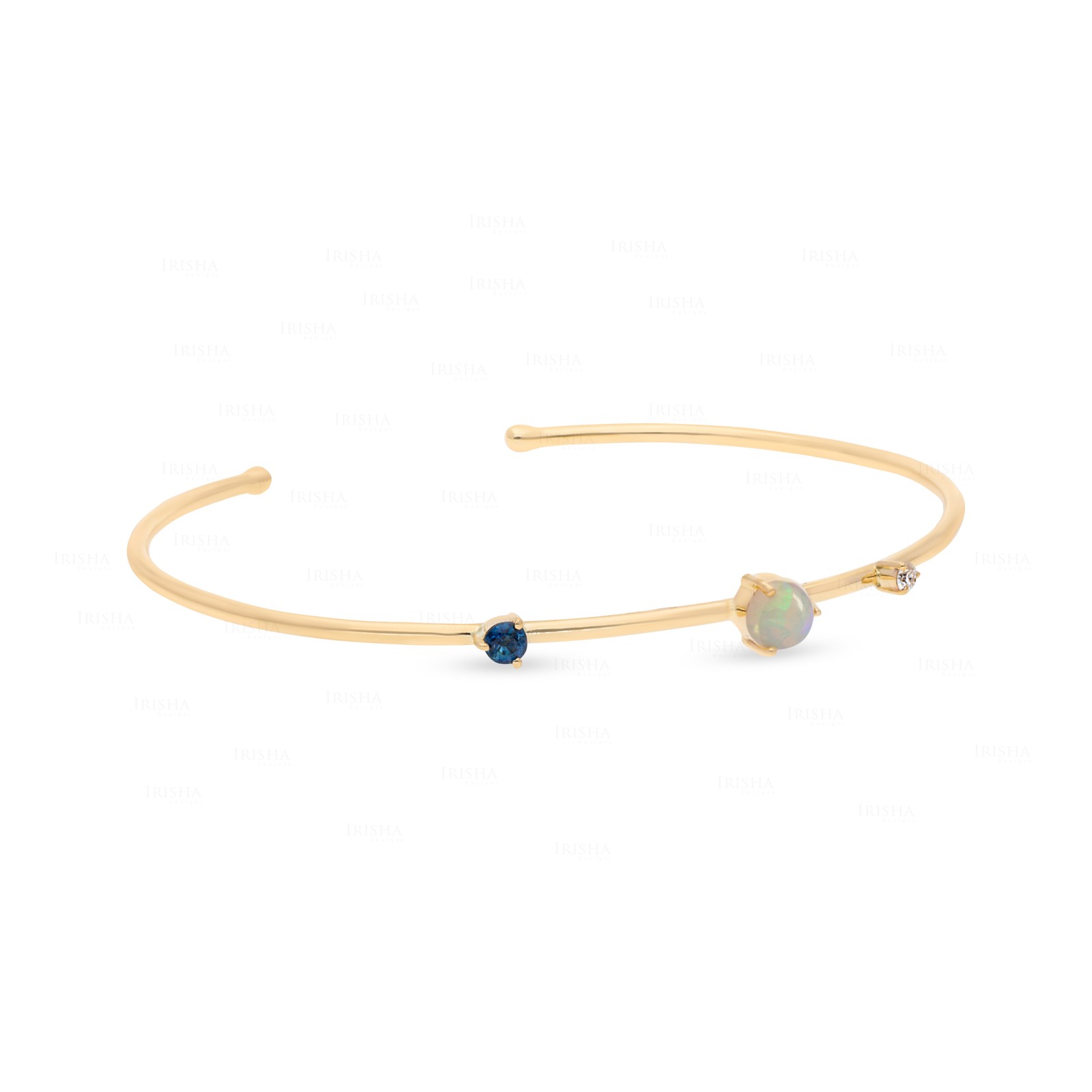 14K Gold Diamond & Blue Sapphire Open Cuff Bracelet, Customizable Center Stone