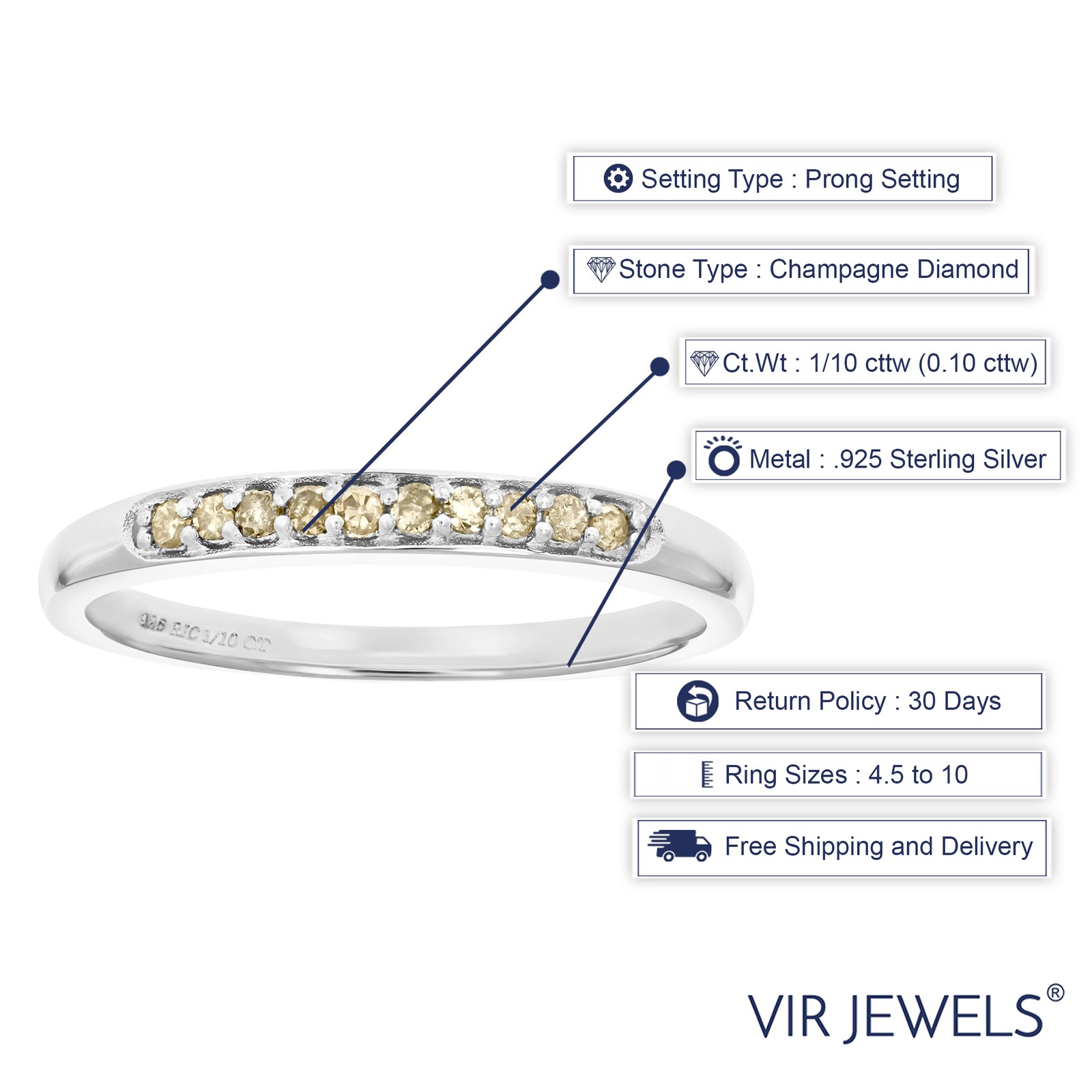 1/10 cttw Prong Set Champagne Diamond Ring .925 Sterling Silver (Sizes 5 to 10)